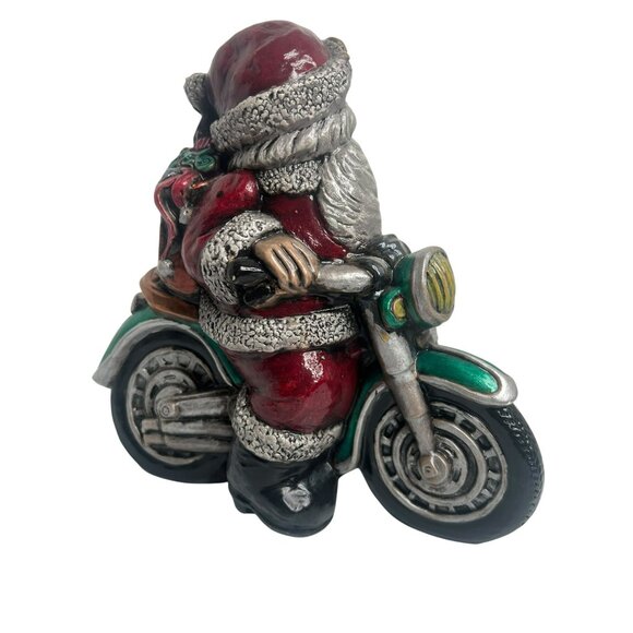 Santa Claus Riding Motorcycle Christmas Figurine 9 in Hand-Painted Resin Decor - Picture 5 of 8